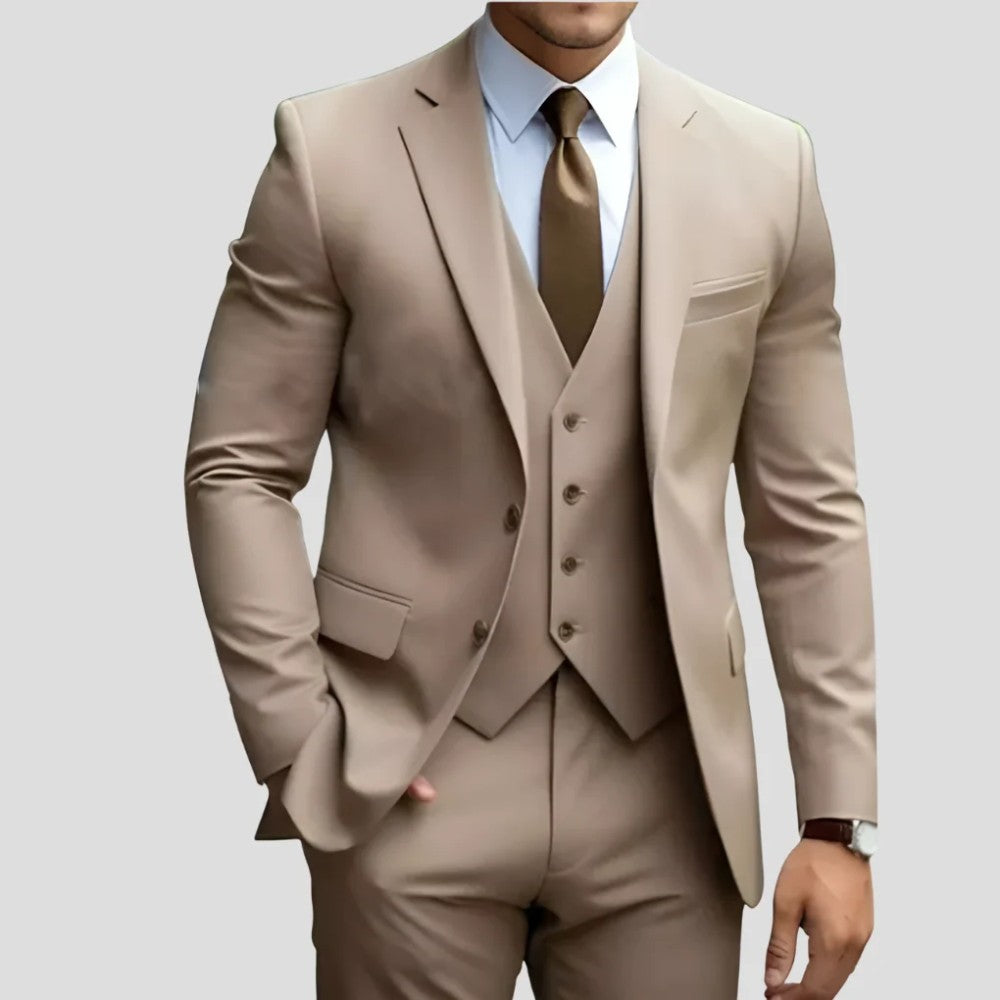 Men's 3-Piece Slim Fit Suit with Waistcoat and Flat-Front Trousers