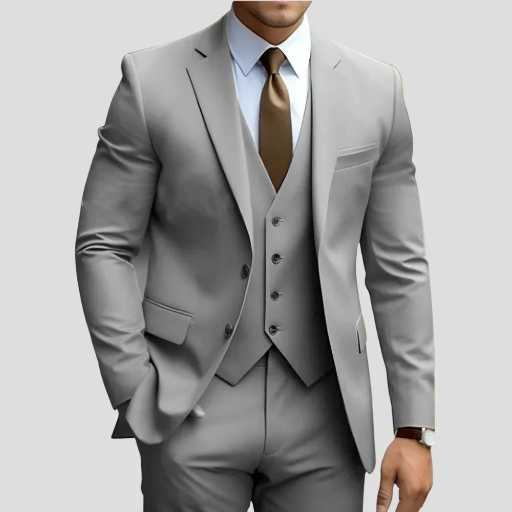 Men's 3-Piece Slim Fit Suit with Waistcoat and Flat-Front Trousers
