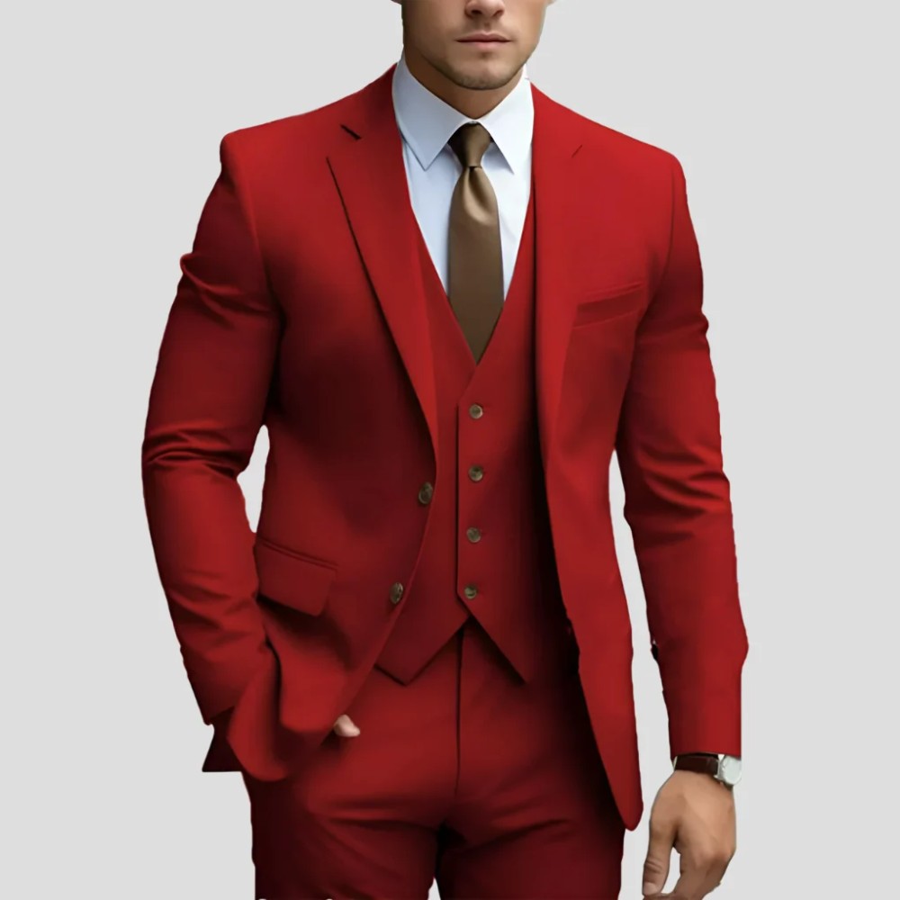 Men's 3-Piece Slim Fit Suit with Waistcoat and Flat-Front Trousers
