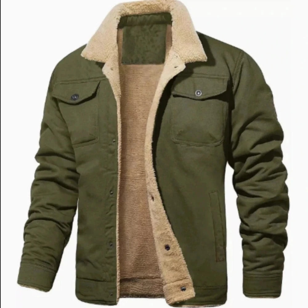 Men's Fleece-Lined Jacket with Button Closure and Chest Pockets