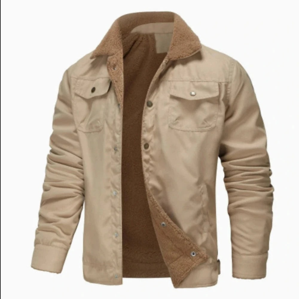 Men's Fleece-Lined Jacket with Button Closure and Chest Pockets