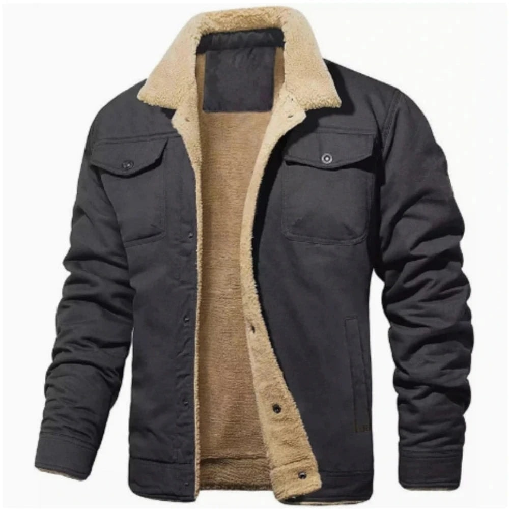 Men's Fleece-Lined Jacket with Button Closure and Chest Pockets