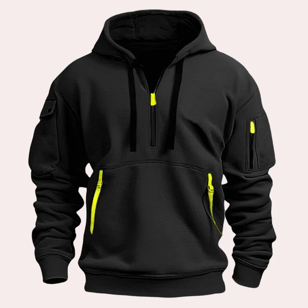 Men's Half-Zip Hoodie with Drawstring Hood and Zip Pockets