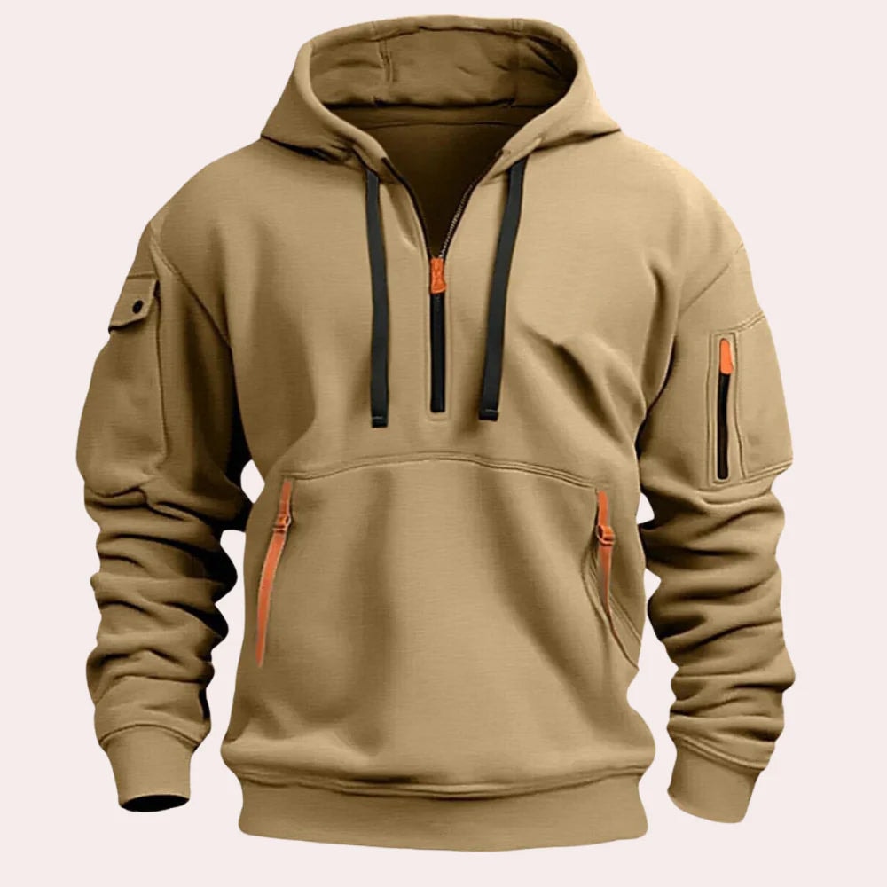 Men's Half-Zip Hoodie with Drawstring Hood and Zip Pockets