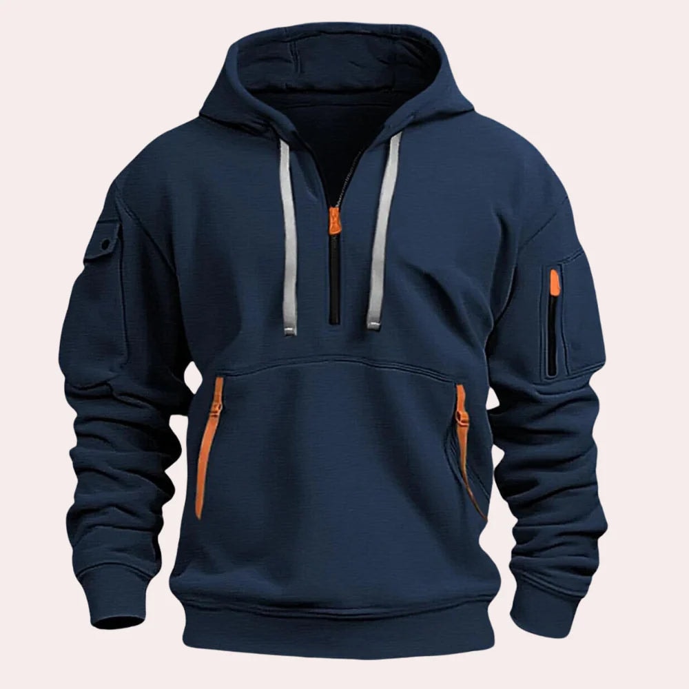 Men's Half-Zip Hoodie with Drawstring Hood and Zip Pockets