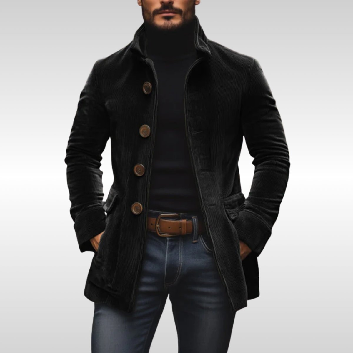Men's Mid-Length Coat with Stand-Up Collar and Patch Pockets