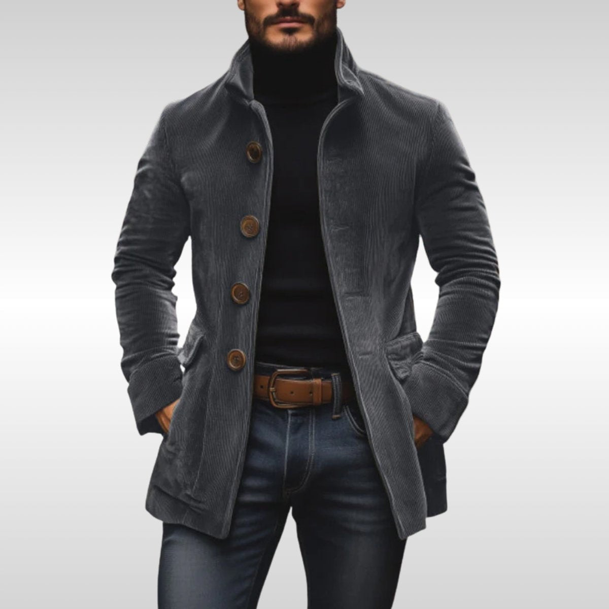 Men's Mid-Length Coat with Stand-Up Collar and Patch Pockets