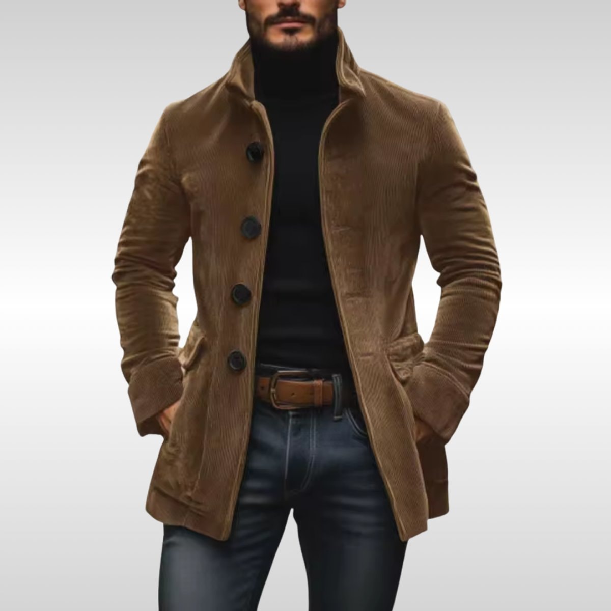 Men's Mid-Length Coat with Stand-Up Collar and Patch Pockets