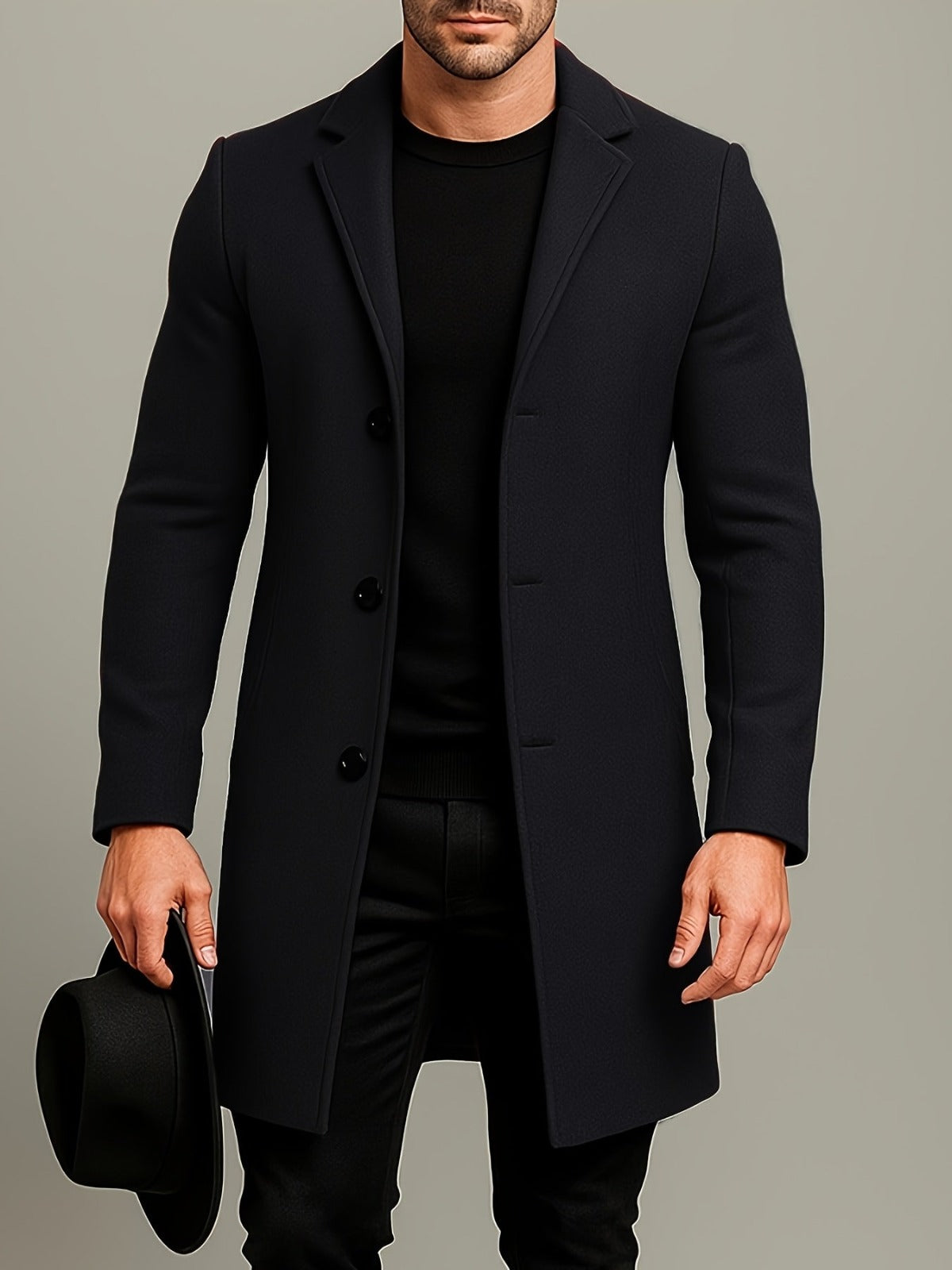 Men's Mid-Length Overcoat with Lapel Collar and Button Closure