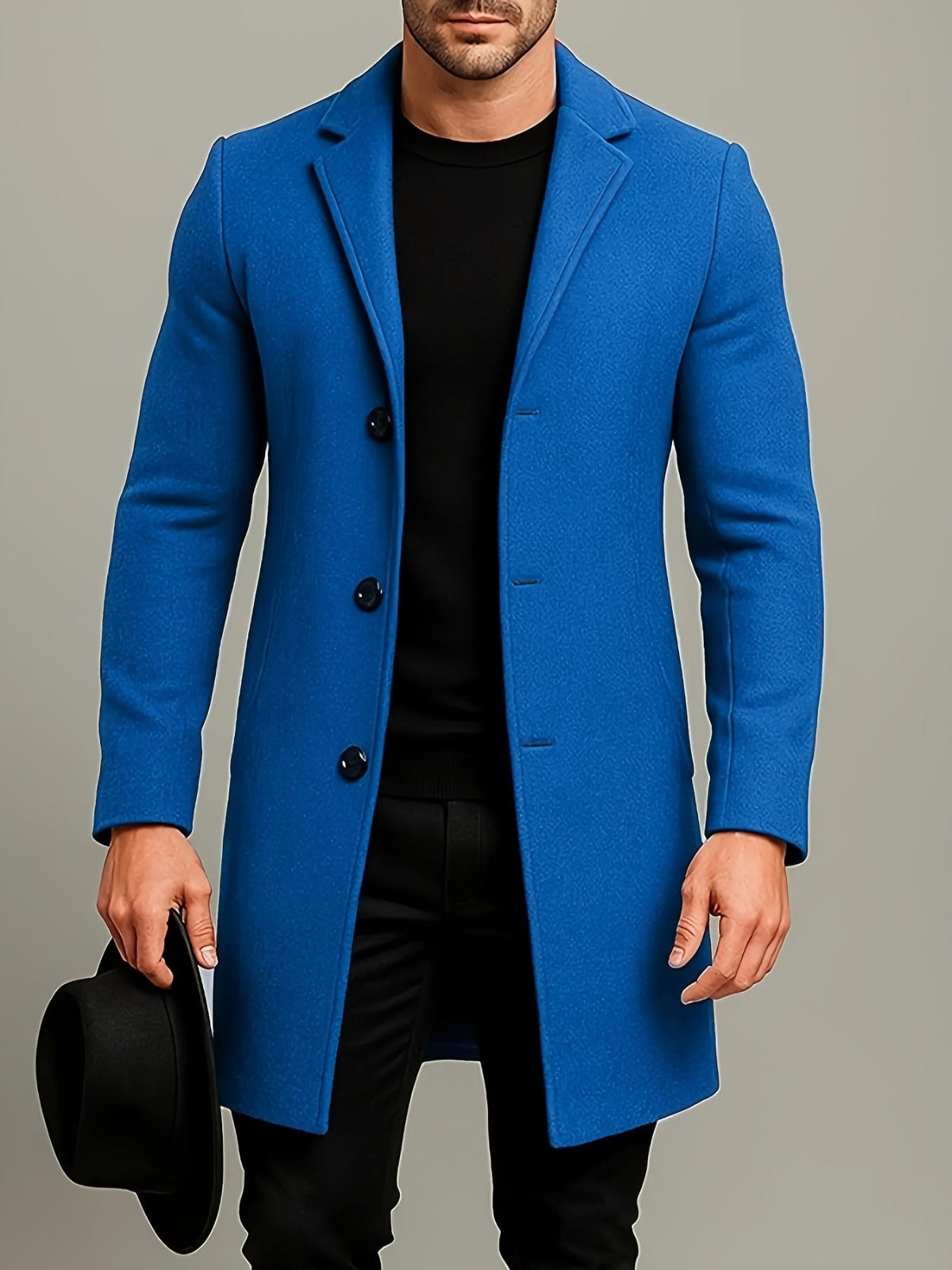 Men's Mid-Length Overcoat with Lapel Collar and Button Closure