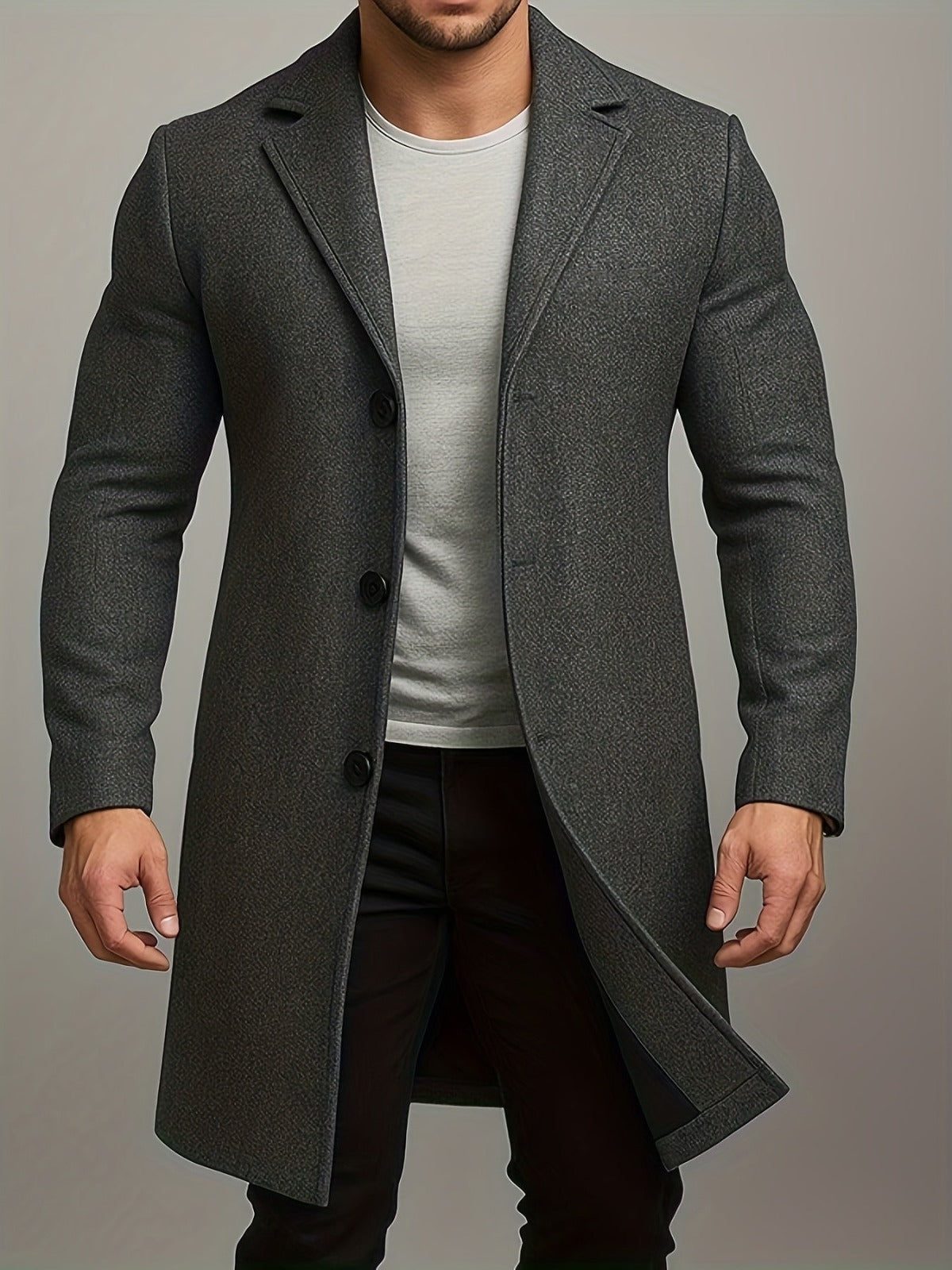 Men's Mid-Length Overcoat with Lapel Collar and Button Closure