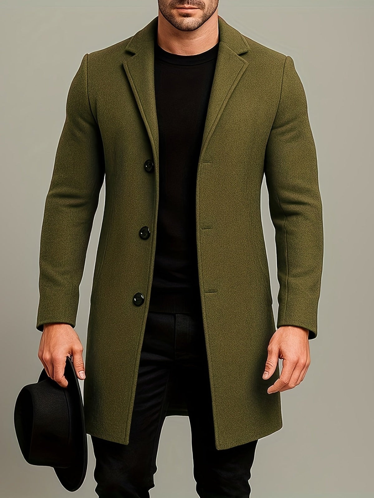 Men's Mid-Length Overcoat with Lapel Collar and Button Closure