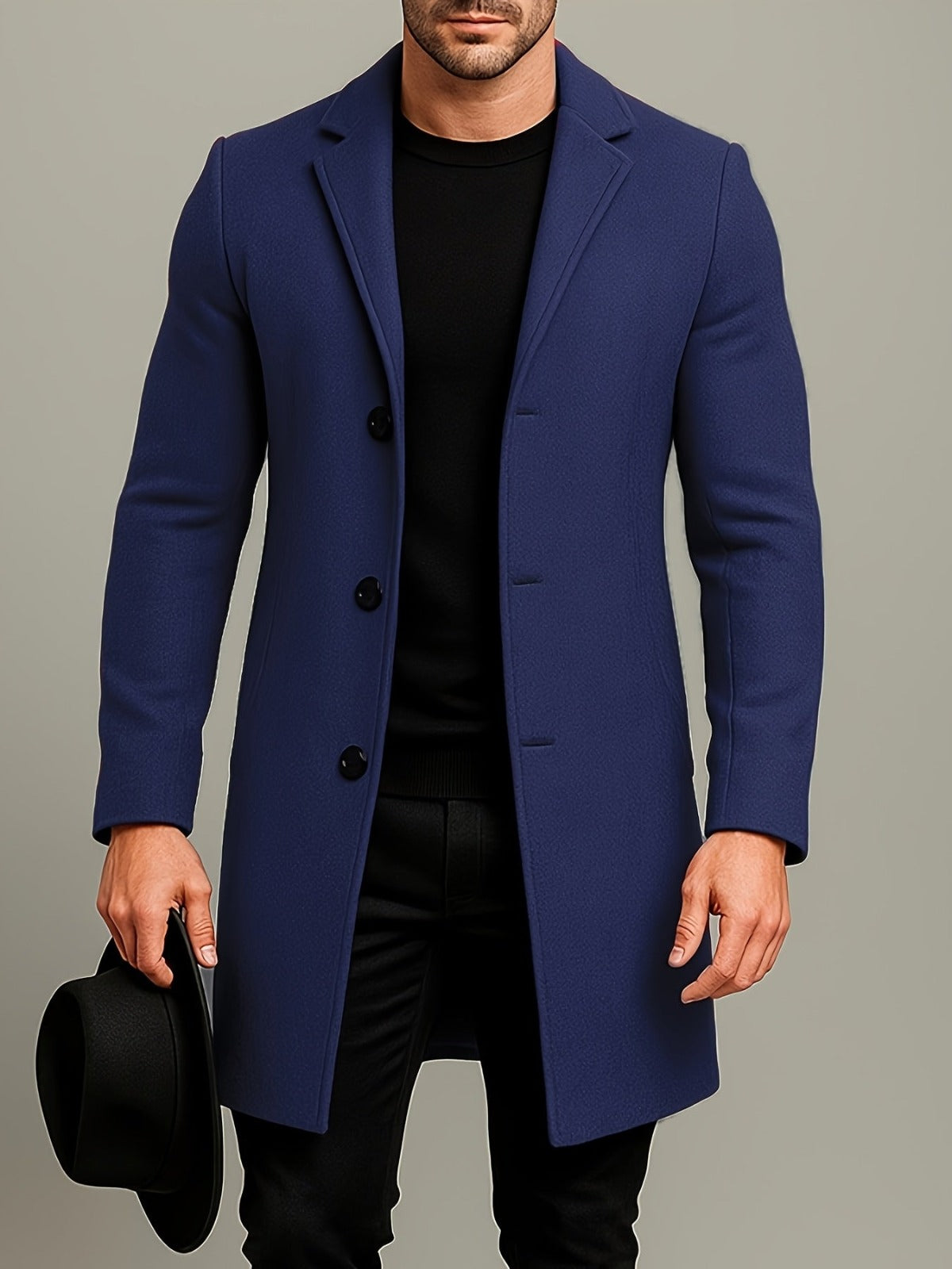 Men's Mid-Length Overcoat with Lapel Collar and Button Closure