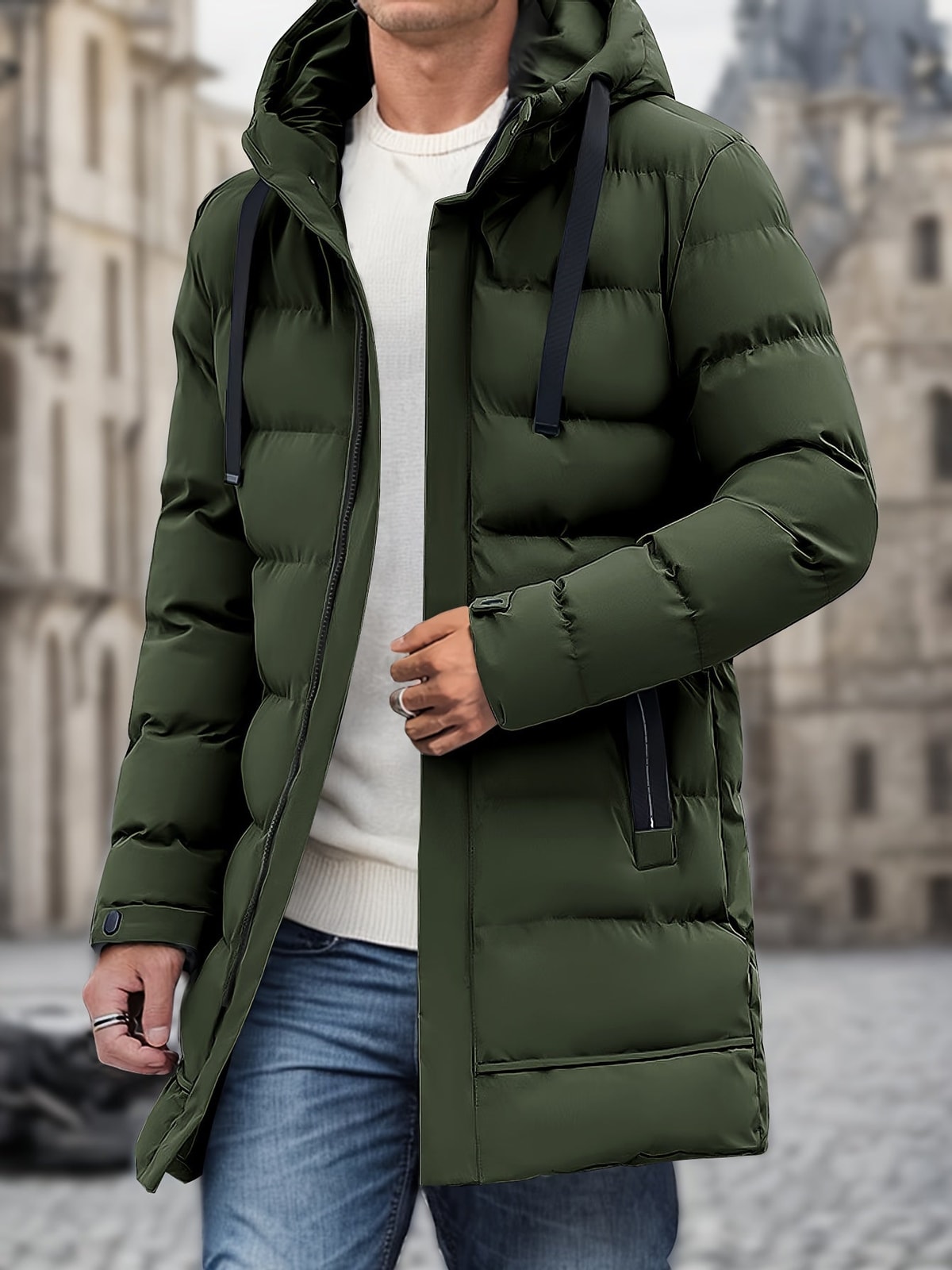 Men's Mid-Length Puffer Coat with Hood and Zip Pockets
