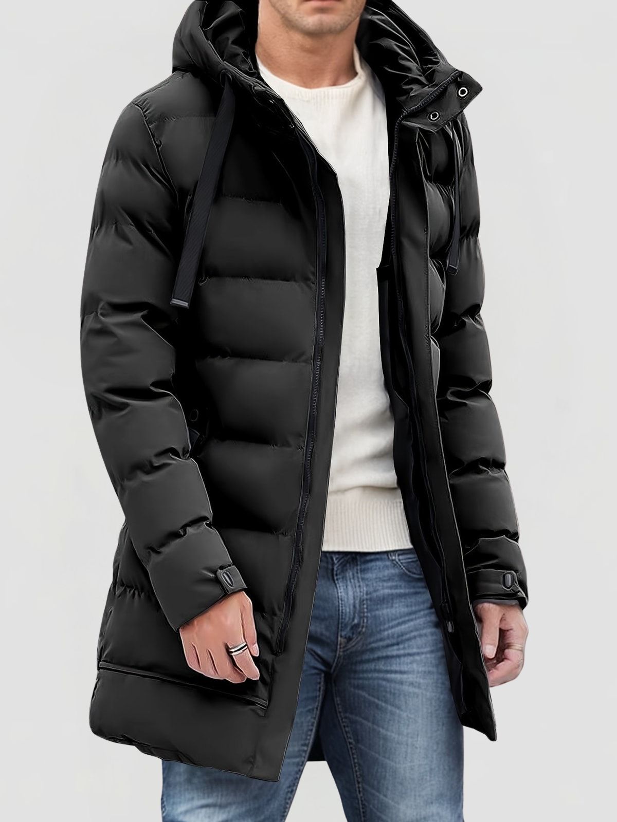 Men's Mid-Length Puffer Coat with Hood and Zip Pockets