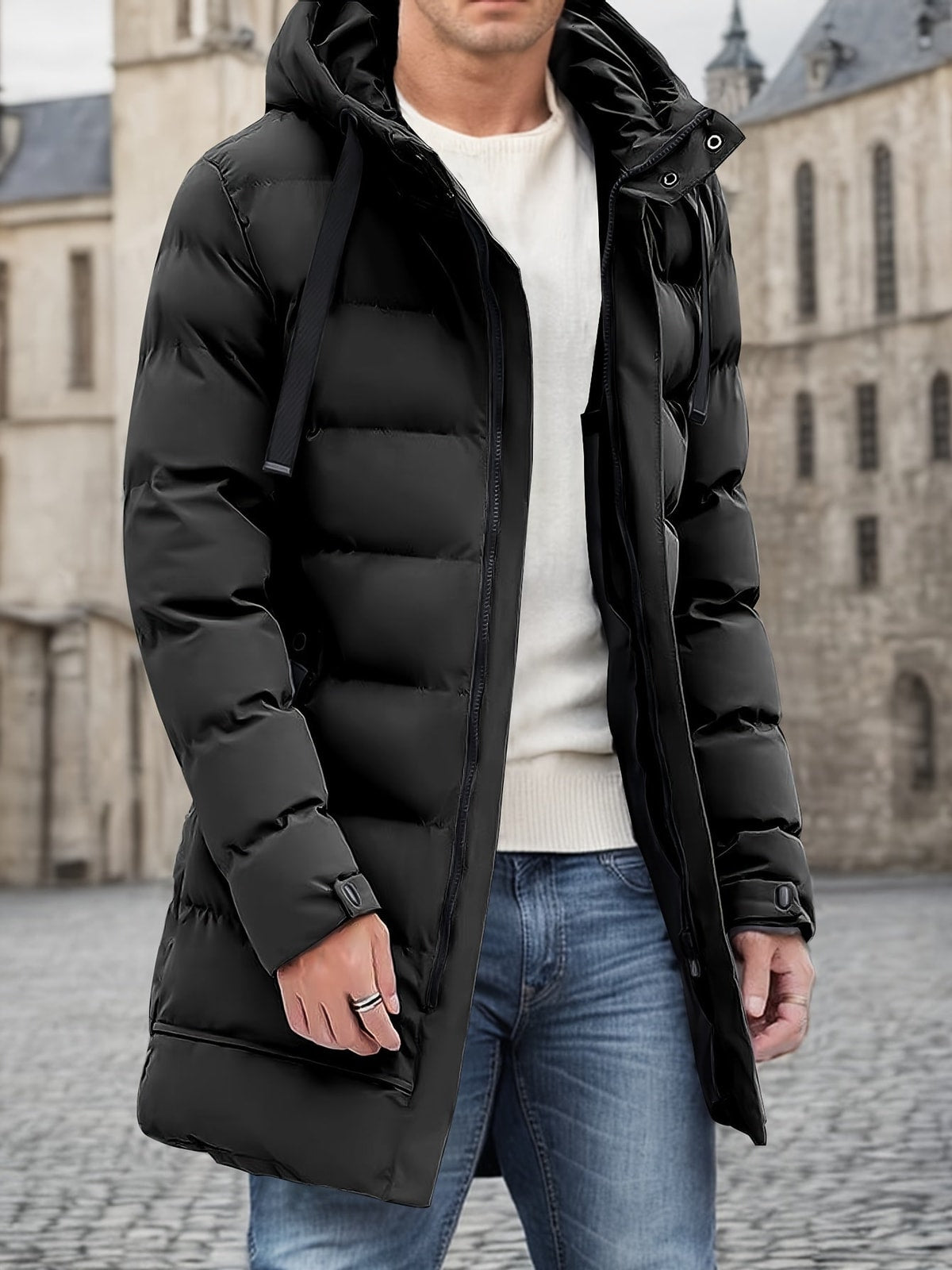 Men's Mid-Length Puffer Coat with Hood and Zip Pockets