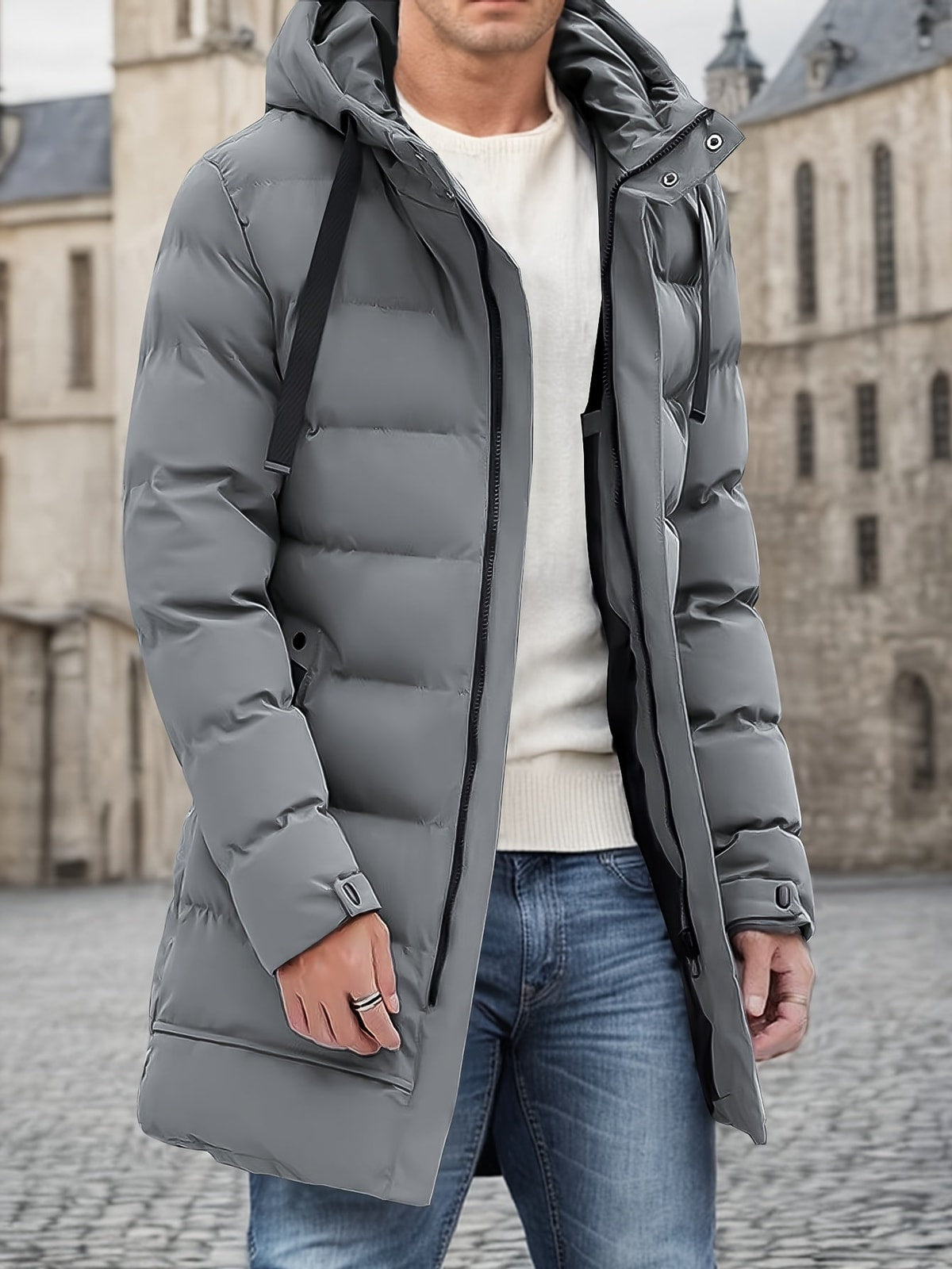 Men's Mid-Length Puffer Coat with Hood and Zip Pockets