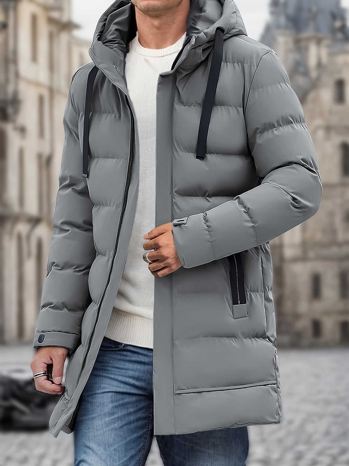 Men's Mid-Length Puffer Coat with Hood and Zip Pockets