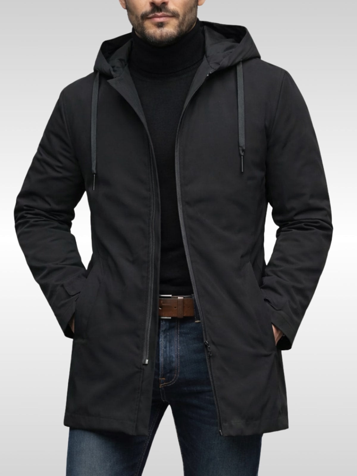 Men's Mid-Length Winter Coat with Hood and Zip Closure