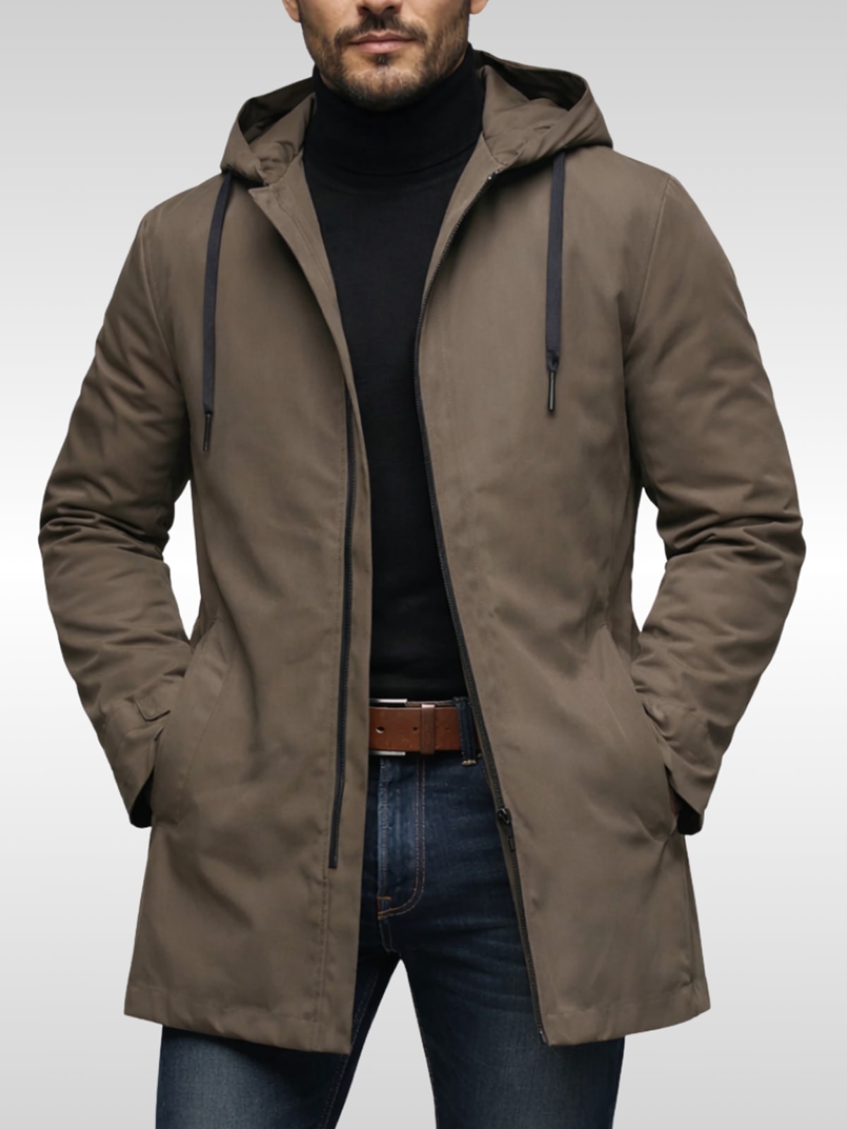 Men's Mid-Length Winter Coat with Hood and Zip Closure