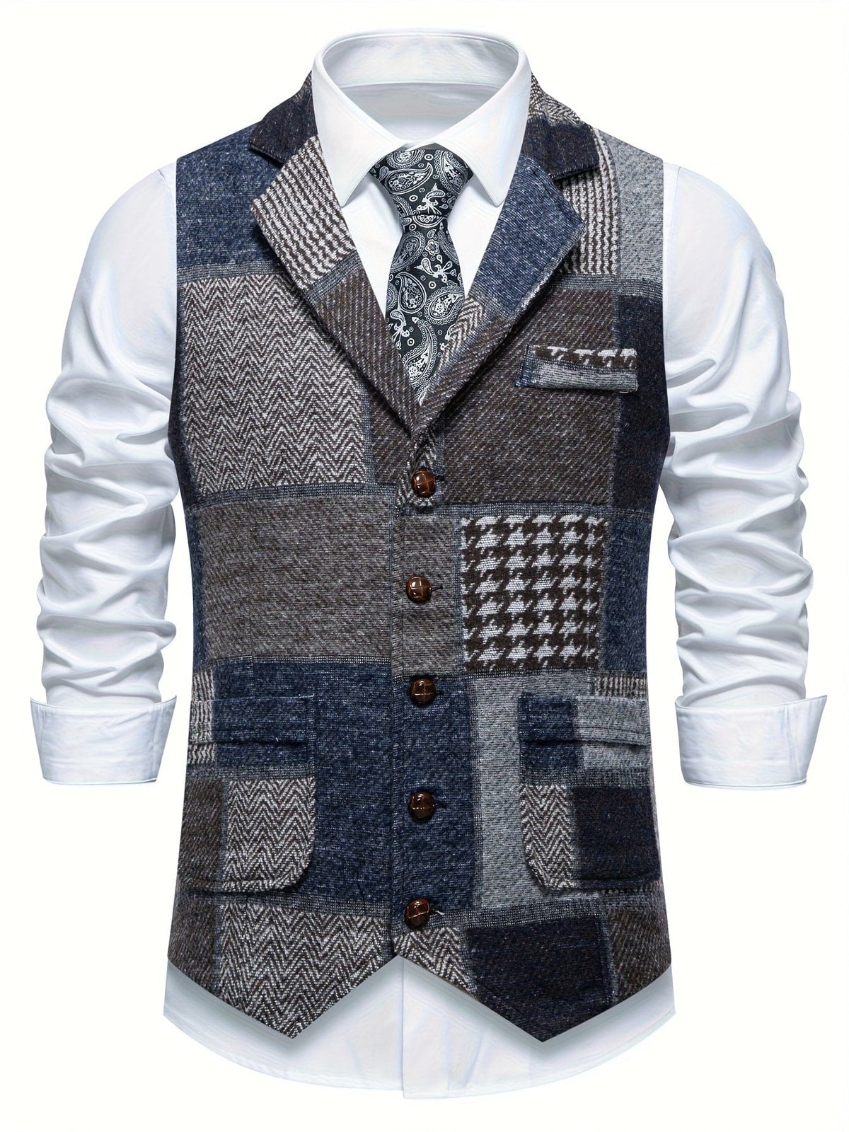 Men's Patchwork Waistcoat with Lapel Collar and Adjustable Back Strap
