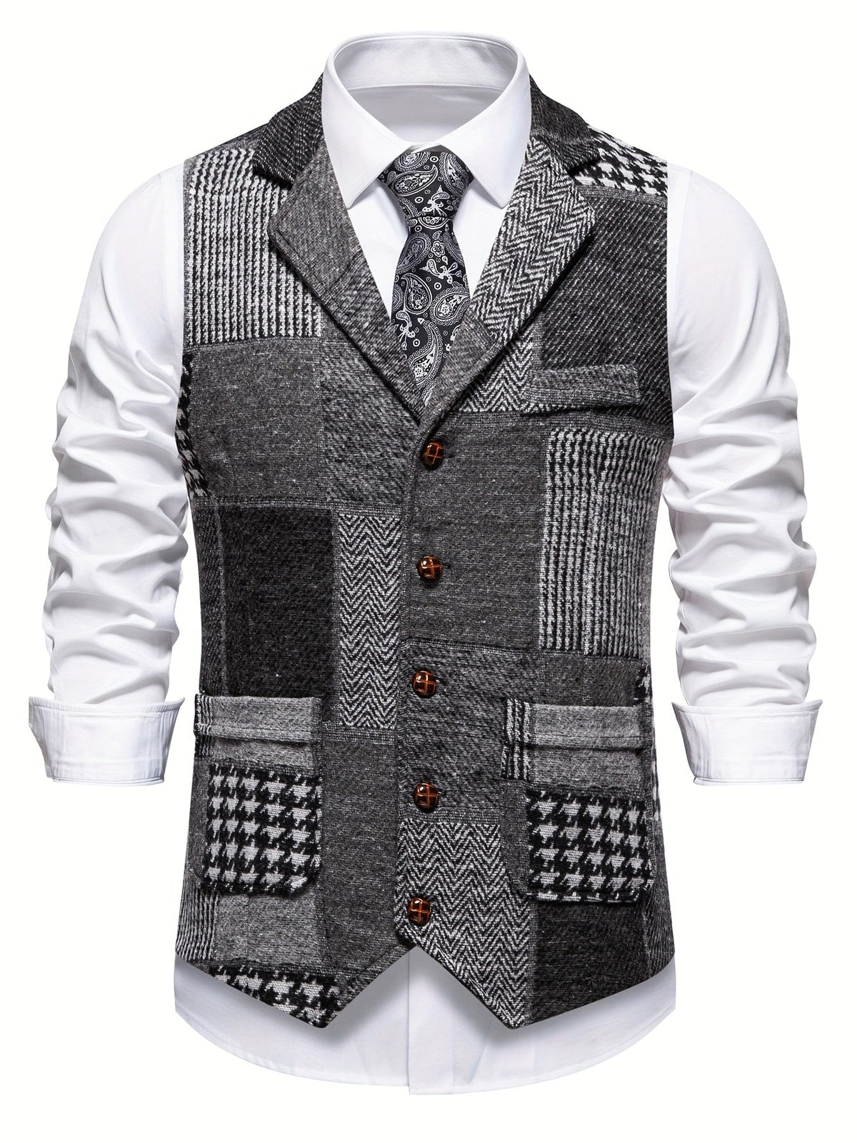 Men's Patchwork Waistcoat with Lapel Collar and Adjustable Back Strap
