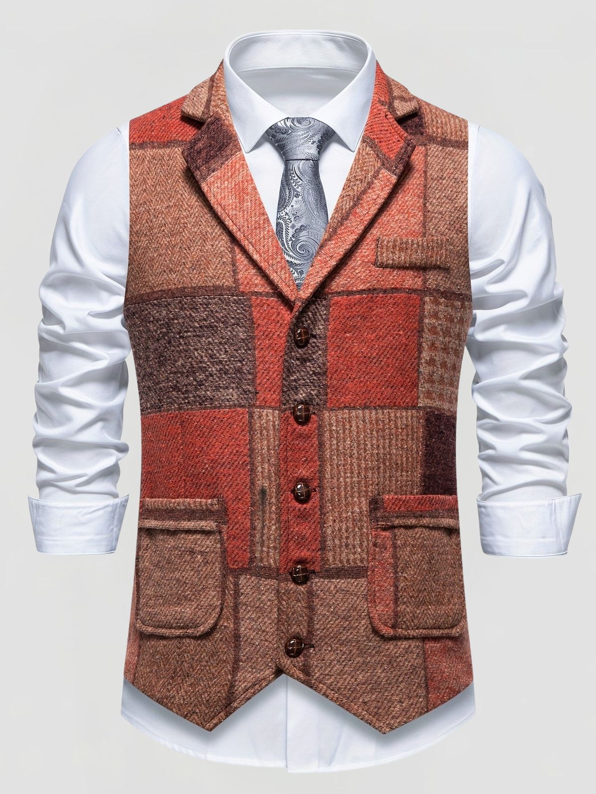 Men's Patchwork Waistcoat with Lapel Collar and Adjustable Back Strap