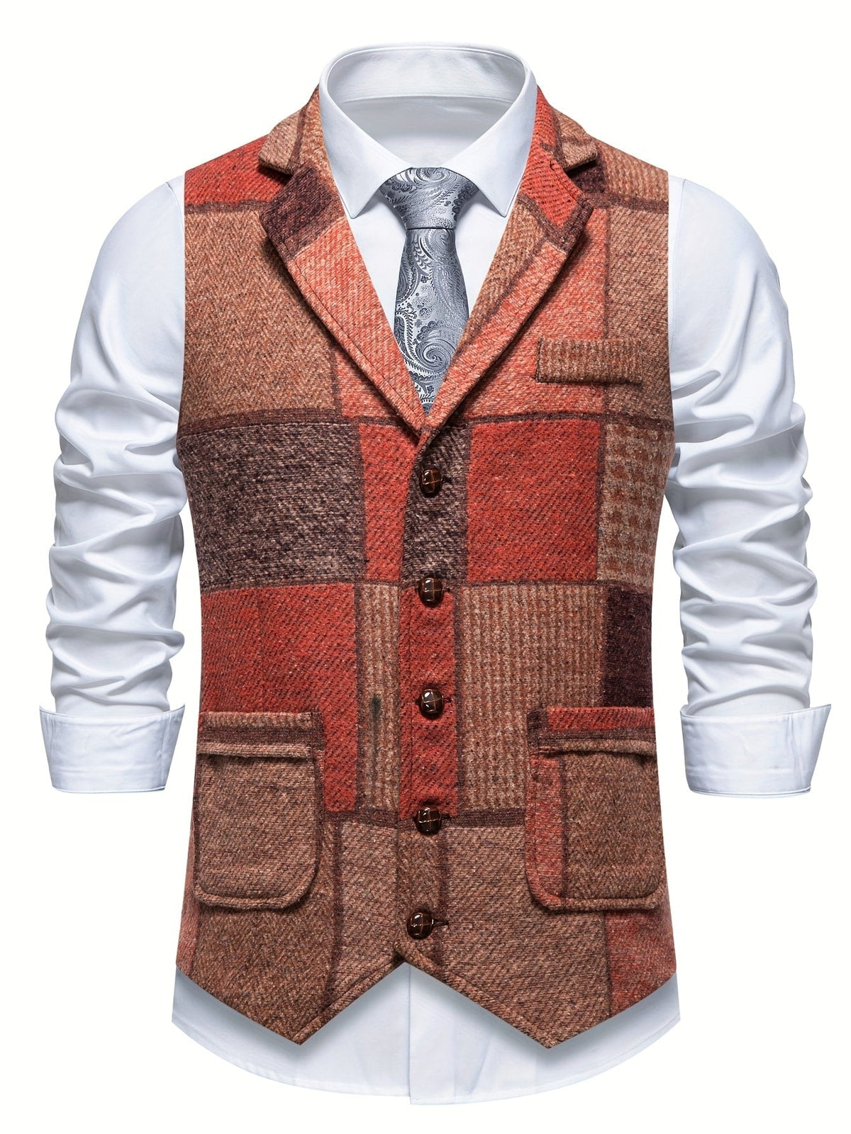 Men's Patchwork Waistcoat with Lapel Collar and Adjustable Back Strap