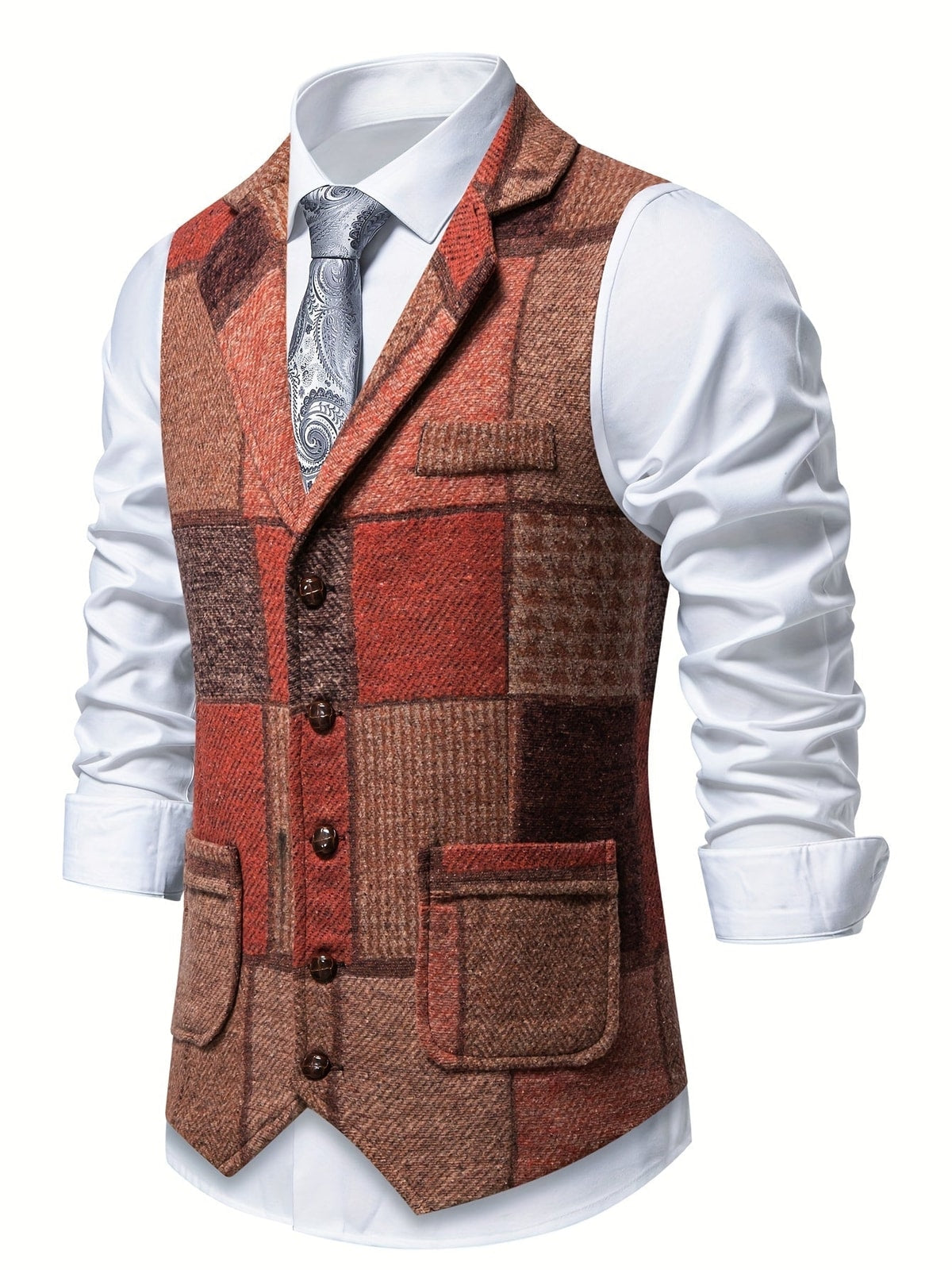 Men's Patchwork Waistcoat with Lapel Collar and Adjustable Back Strap