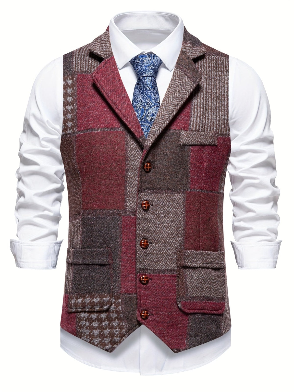 Men's Patchwork Waistcoat with Lapel Collar and Adjustable Back Strap