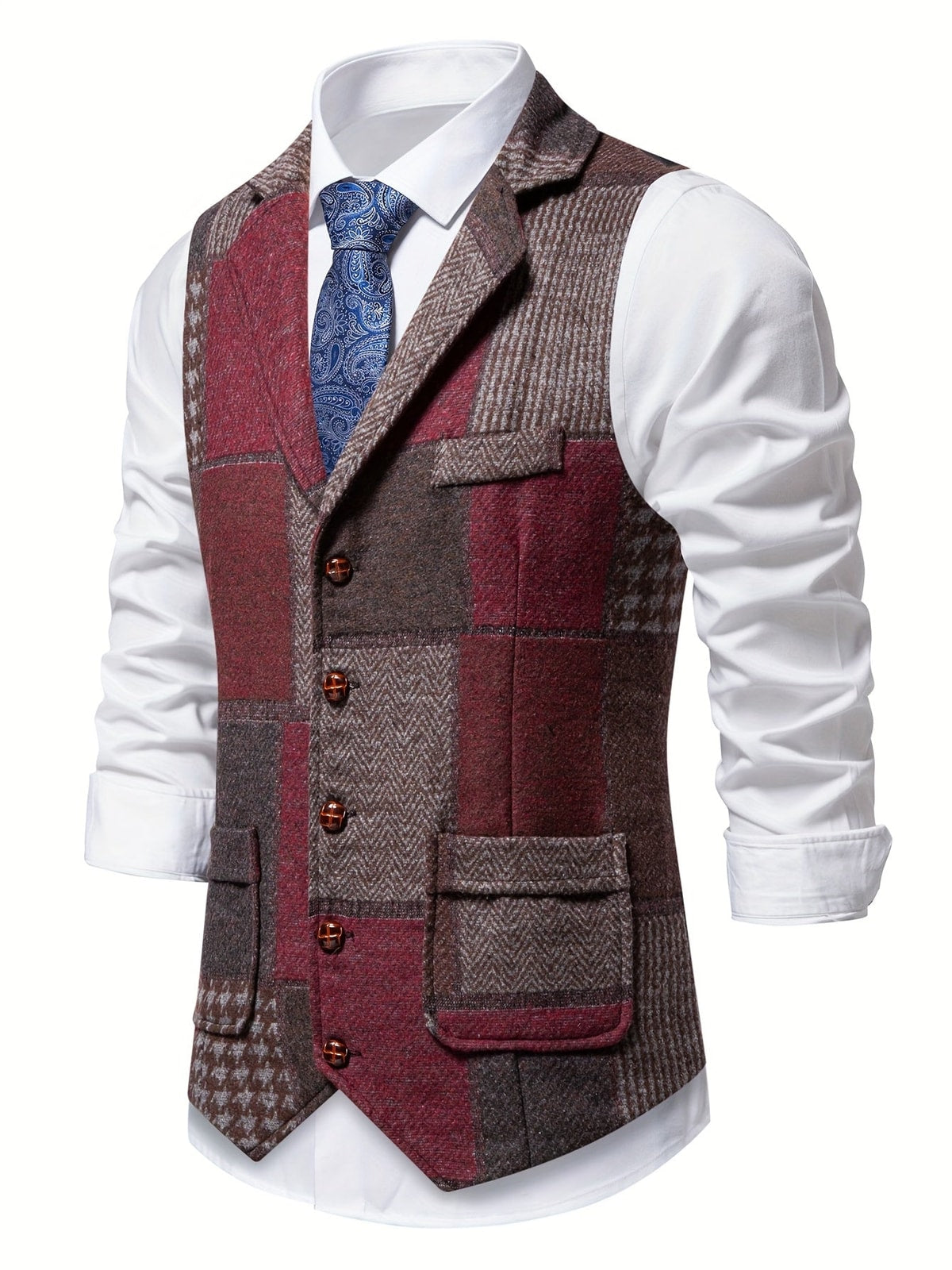 Men's Patchwork Waistcoat with Lapel Collar and Adjustable Back Strap
