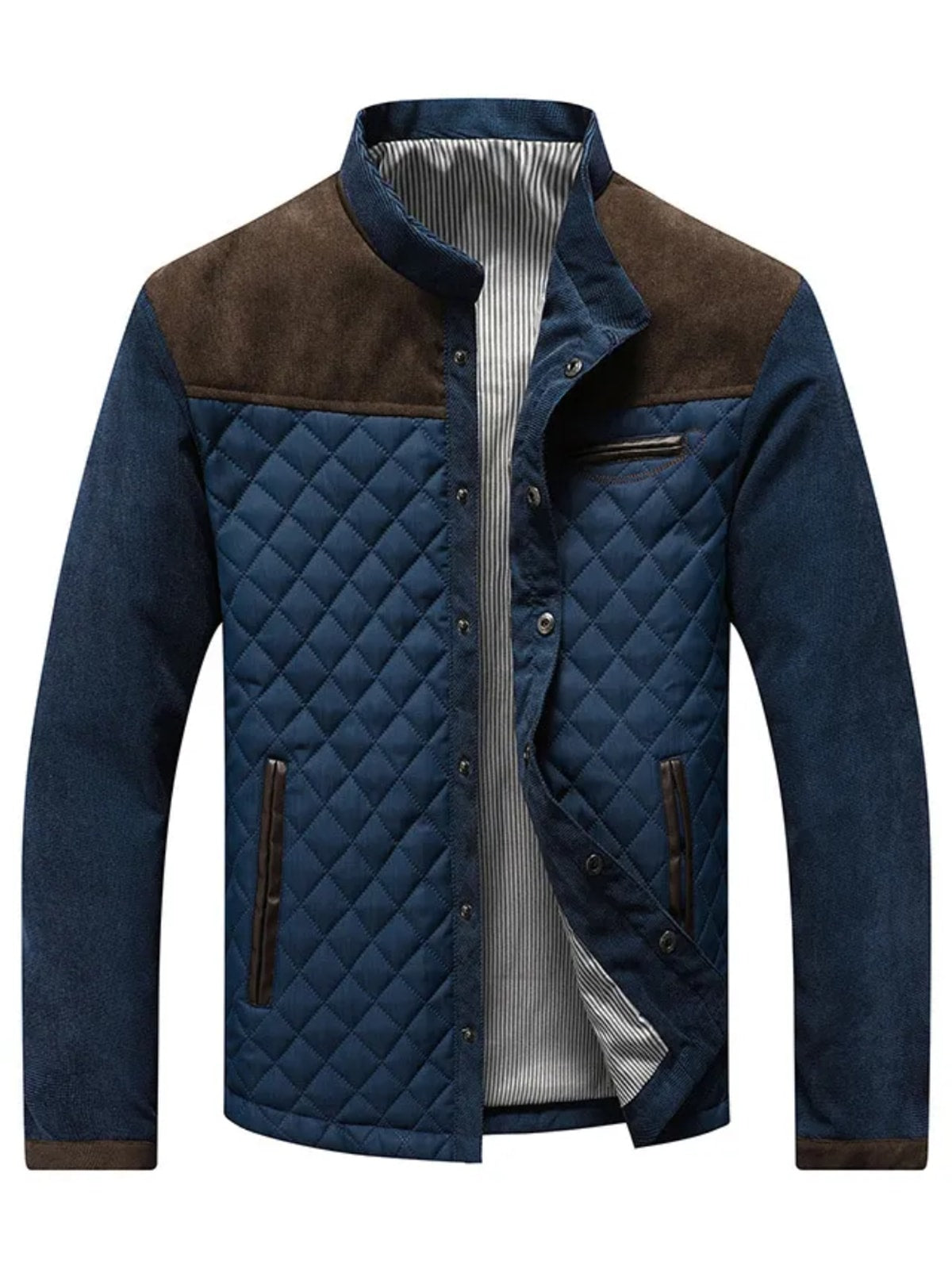 Men's Quilted Jacket with Stand Collar and Contrast Shoulders