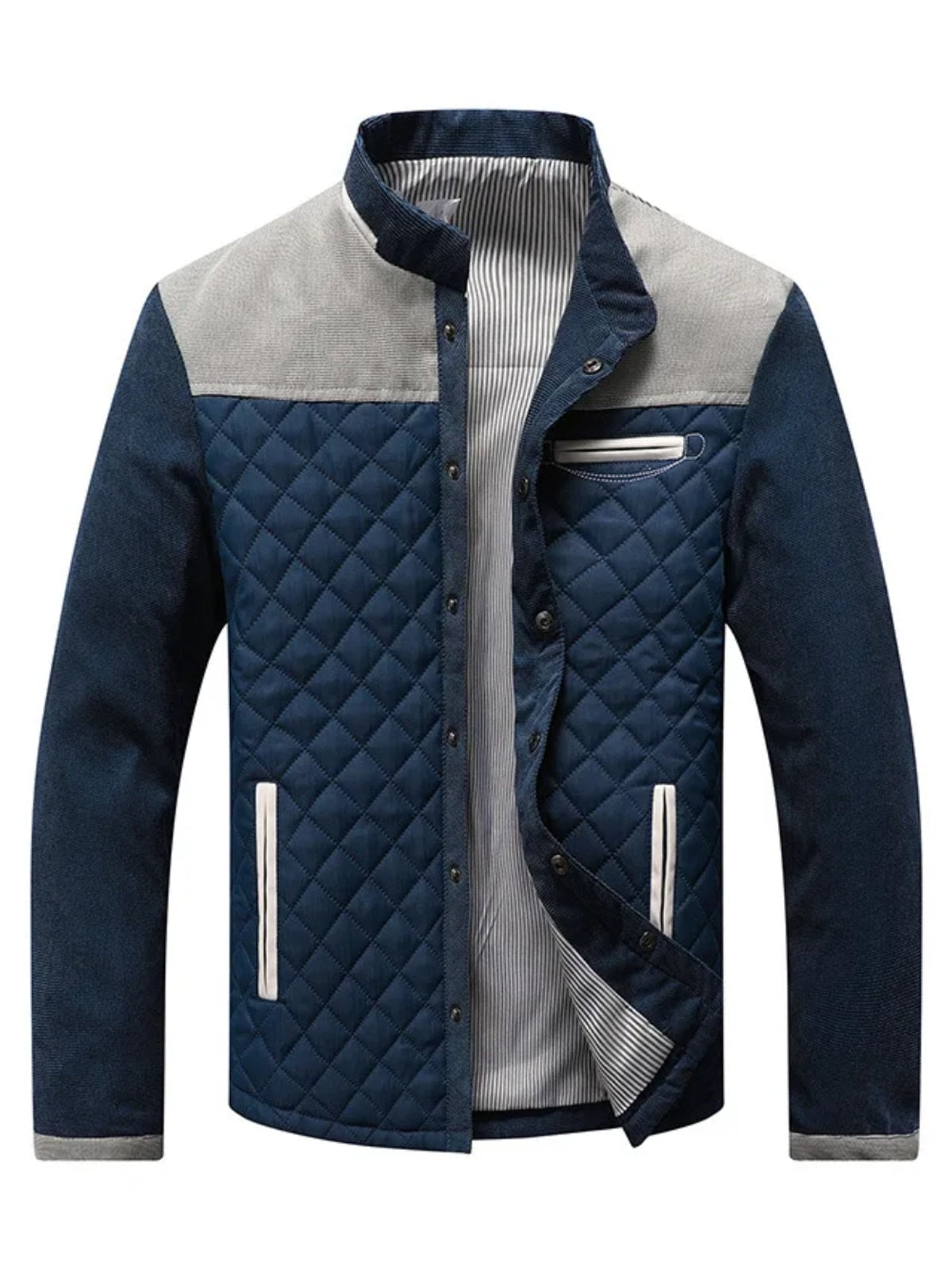 Men's Quilted Jacket with Stand Collar and Contrast Shoulders