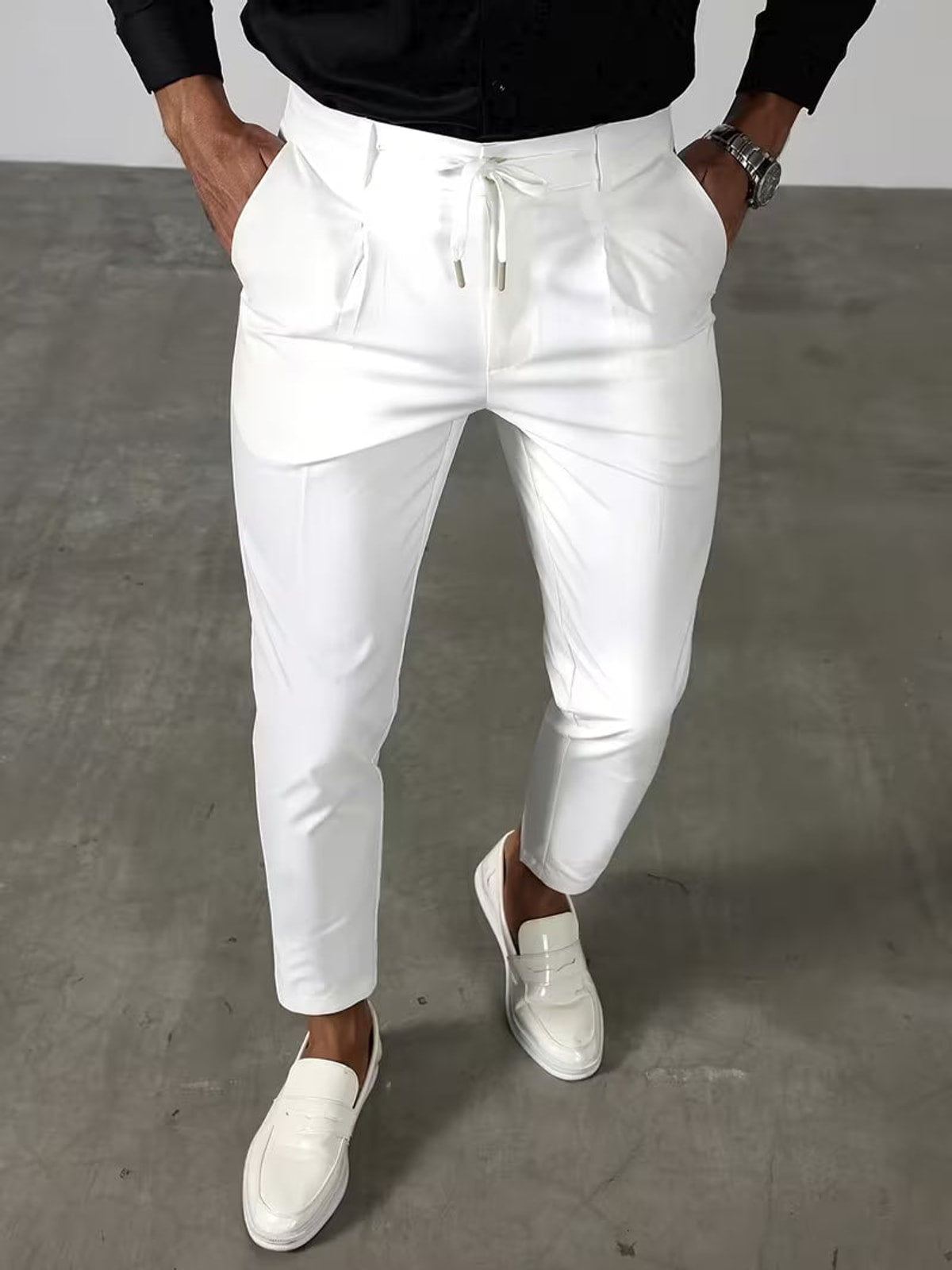 Men's Tapered Ankle Trousers with Front Pleats and Drawstring Waist