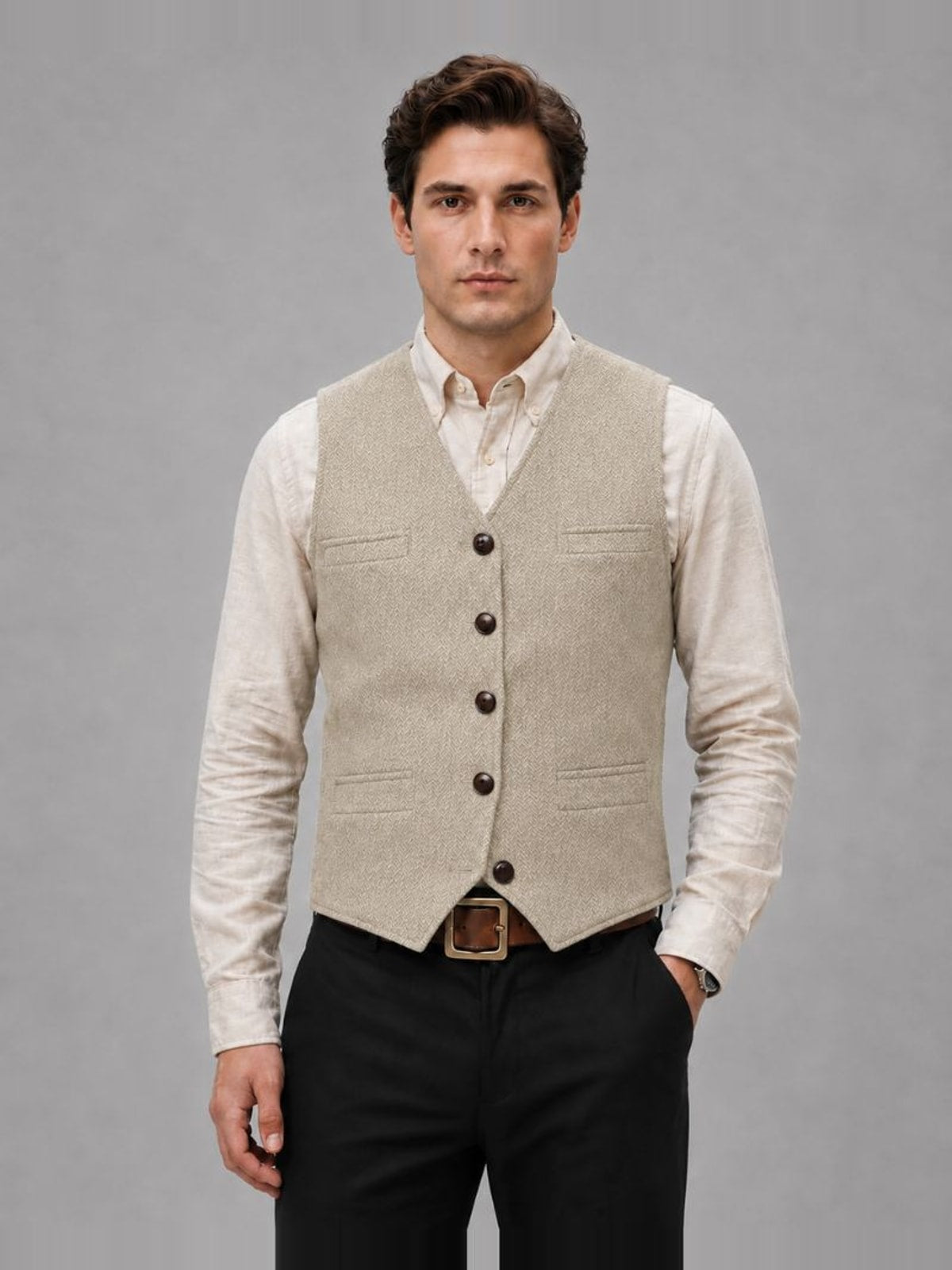 Men's Tweed Waistcoat with V-Neck and Button Closure