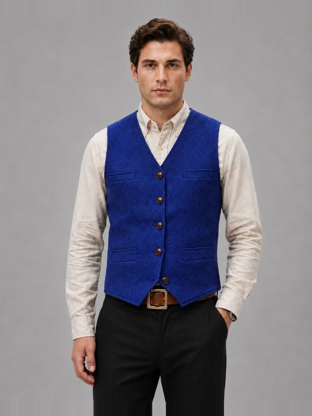 Men's Tweed Waistcoat with V-Neck and Button Closure