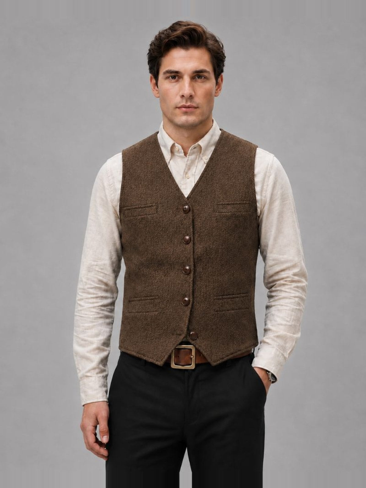 Men's Tweed Waistcoat with V-Neck and Button Closure