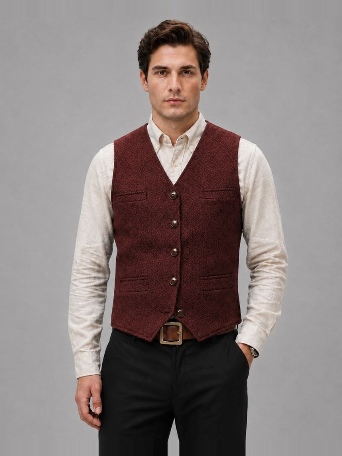 Men's Tweed Waistcoat with V-Neck and Button Closure