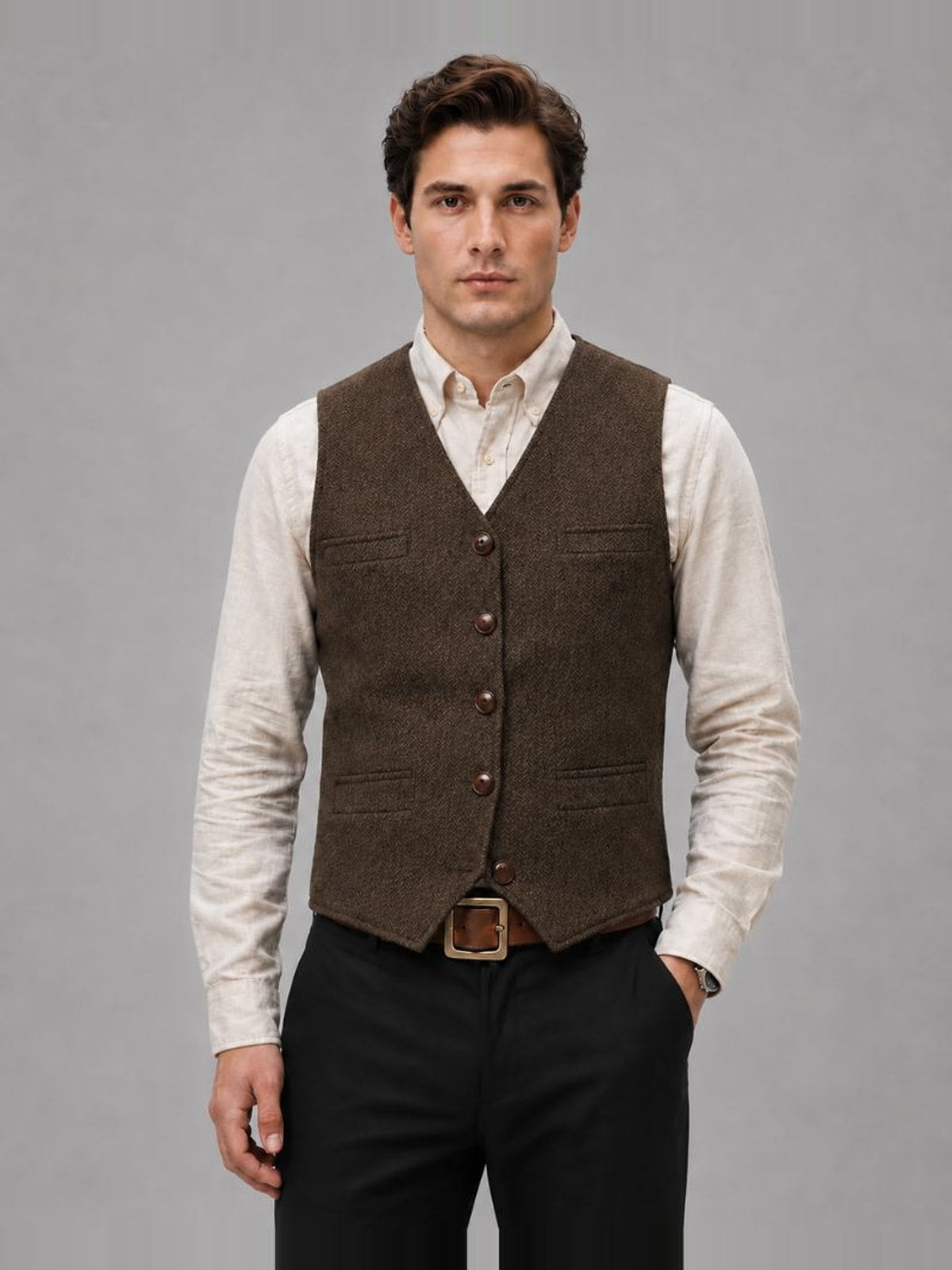 Men's Tweed Waistcoat with V-Neck and Button Closure