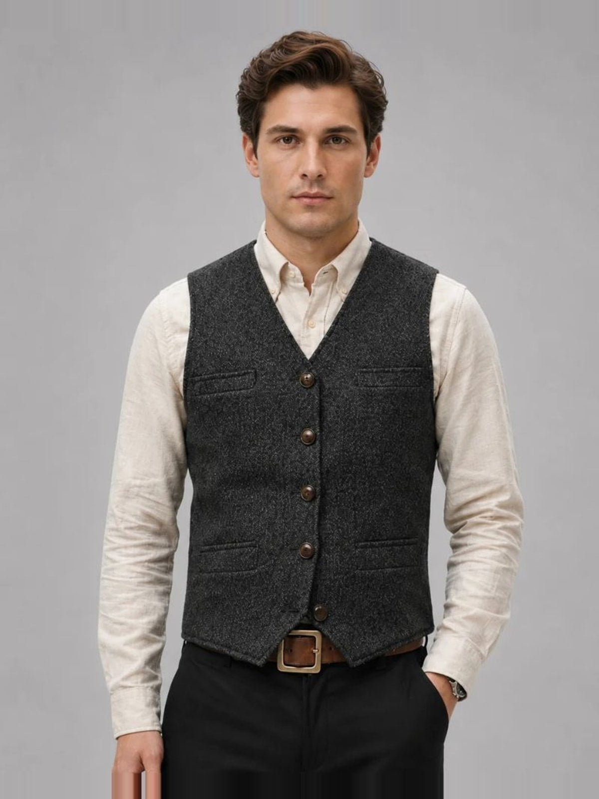 Men's Tweed Waistcoat with V-Neck and Button Closure