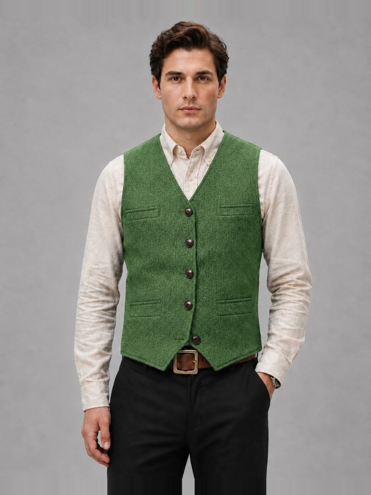 Men's Tweed Waistcoat with V-Neck and Button Closure