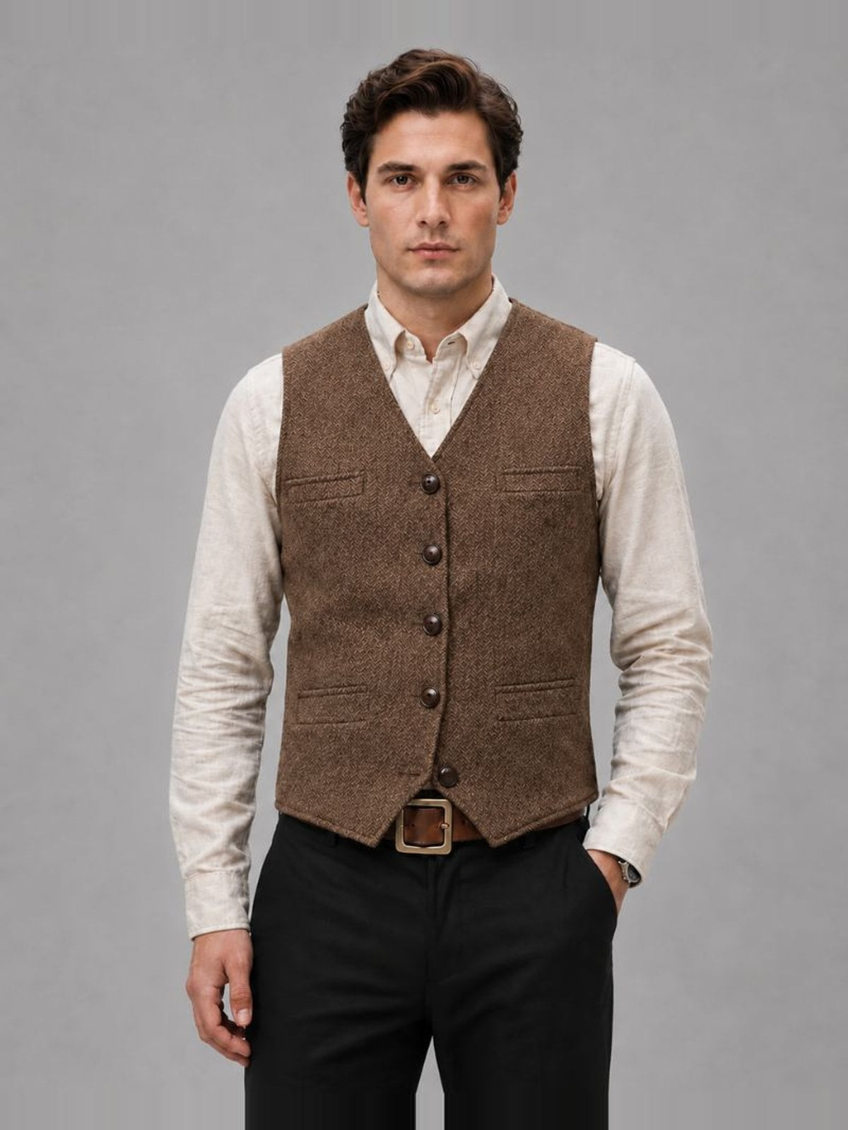 Men's Tweed Waistcoat with V-Neck and Button Closure