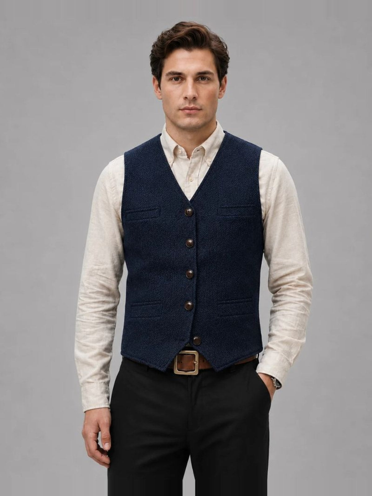 Men's Tweed Waistcoat with V-Neck and Button Closure