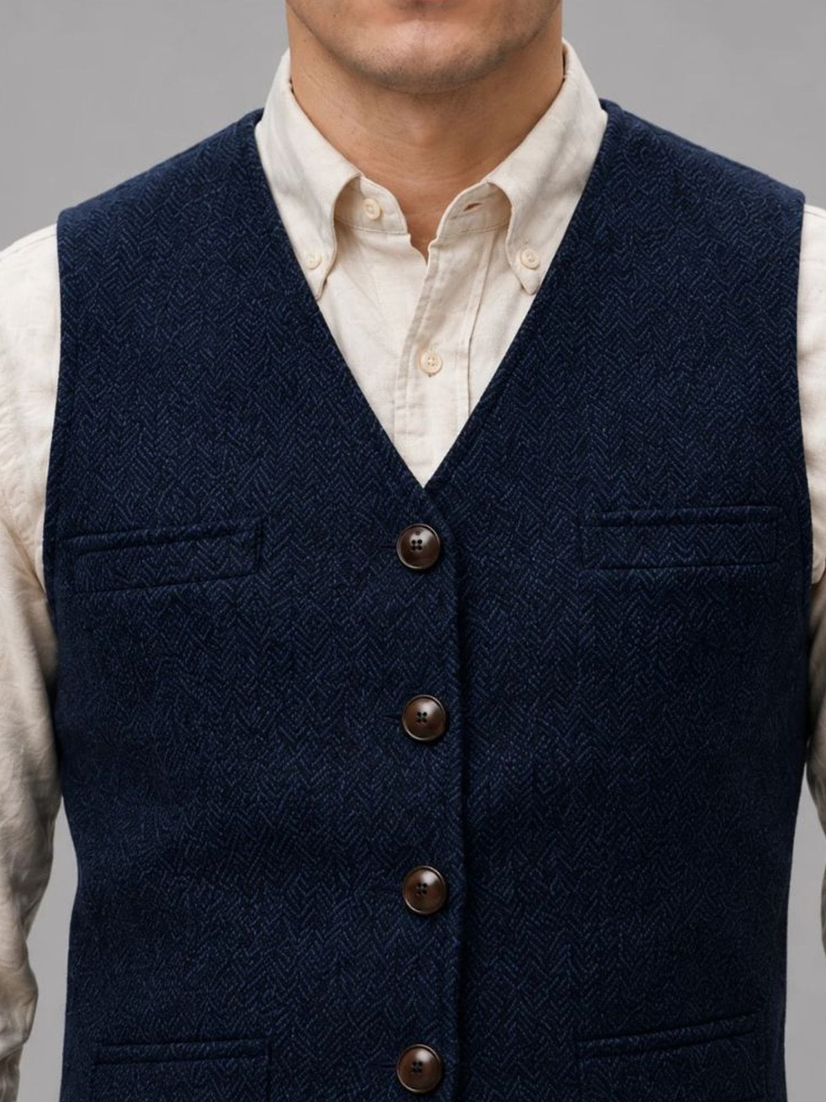 Men's Tweed Waistcoat with V-Neck and Button Closure