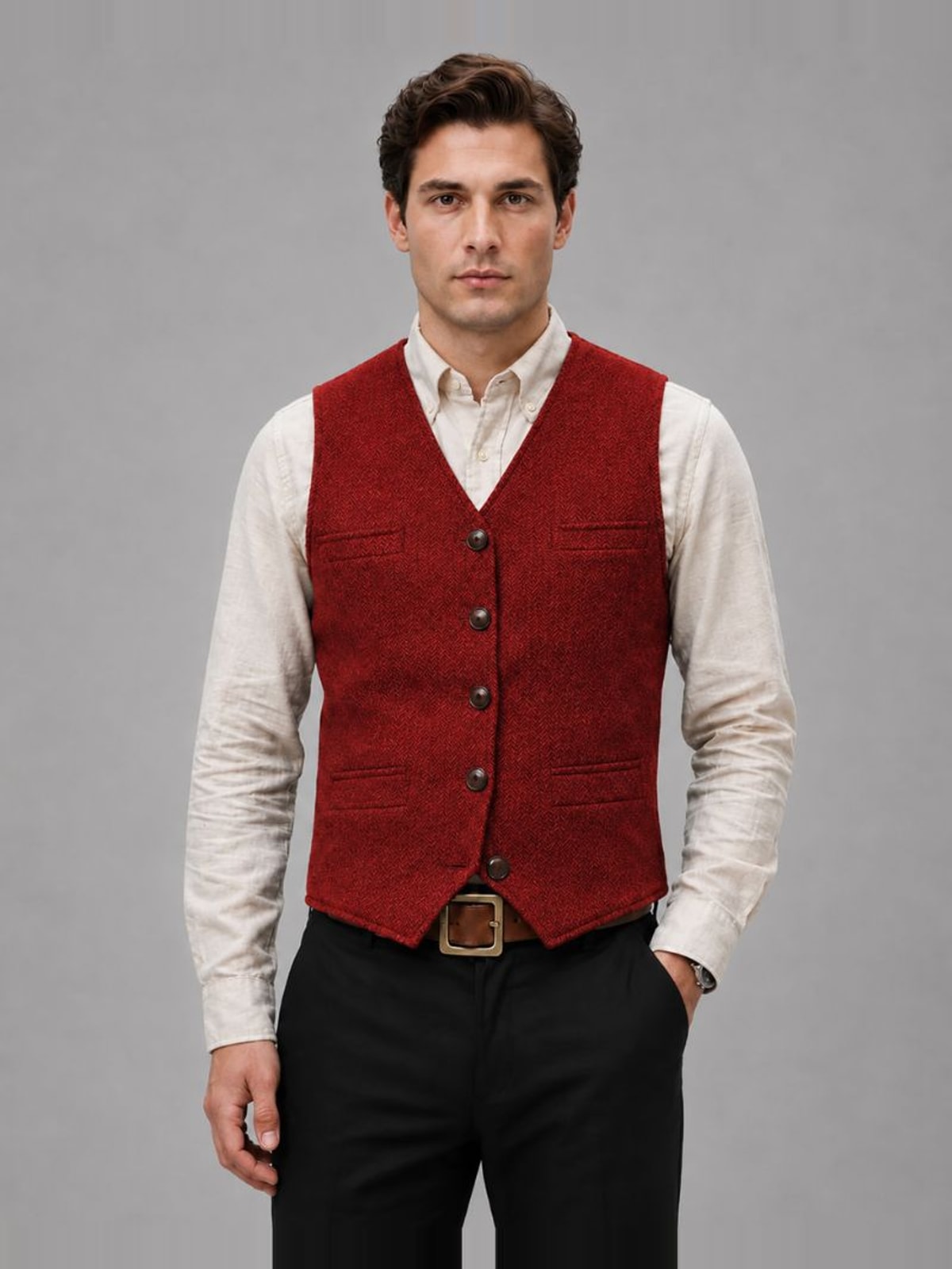 Men's Tweed Waistcoat with V-Neck and Button Closure