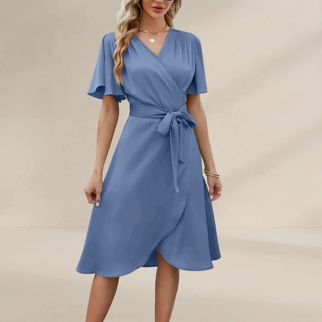 Midi Wrap Dress with Tie Waist and Flutter Sleeves