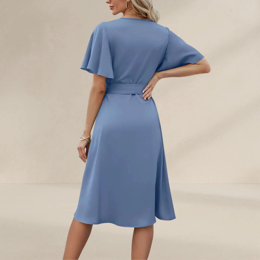 Midi Wrap Dress with Tie Waist and Flutter Sleeves