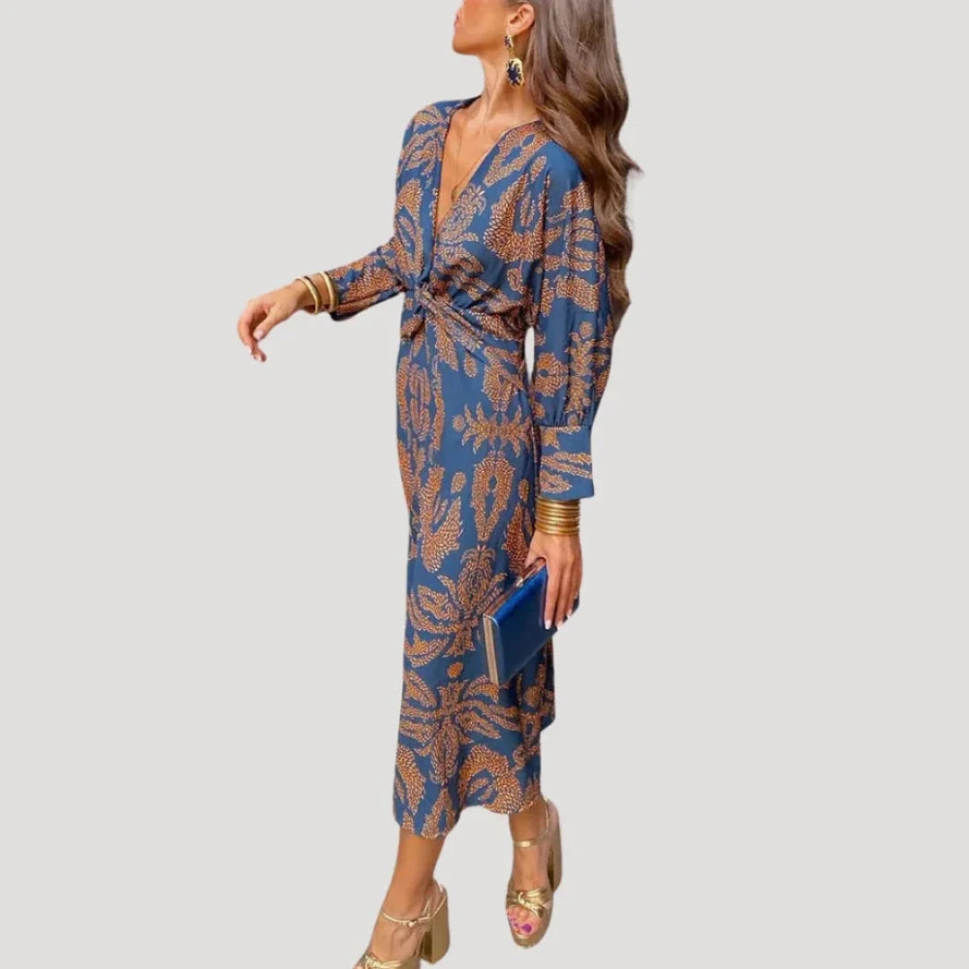 Midi wrap Dress with Long Sleeves and Print