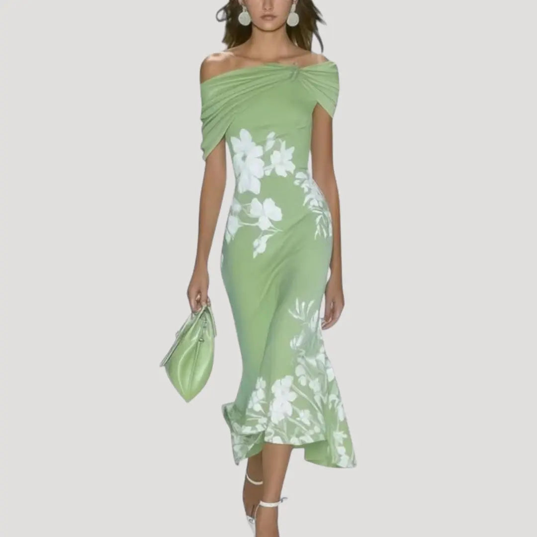 Off Shoulder Midi Dress with Floral Print and Draped Detail