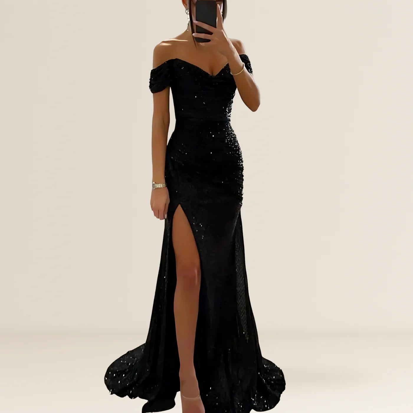 Off Shoulder Sequin Maxi Dress with Side Split